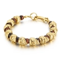 Men's beaded bracelet featuring gold skull charms and red tiger eye stones with lobster clasp - Gold Skull with Red-Brown Tiger Eye (KB135971-Z)
