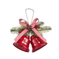 Red Christmas double bells with striped bow, pine branches, and berries on hemp rope - Style A Double Red Bells