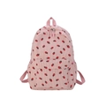 Detailed texture of pink corduroy backpack featuring fresh red strawberry patterns - Pink