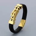Pulsera de cuero negro trenzado con cierre magnético de cruz en metal dorado pulido - 19cm / Estilo A Dorado (KB166235-KFC)