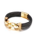 Men's black braided leather bracelet with polished gold chain links and clasp - 19cm / Gold Style (KB139633-KFC)