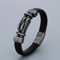 Pulsera para hombre de cuero trenzado negro con cierre de metal plateado antiguo - 19cm / Estilo A Plata Vintage (KB166236-KFC)