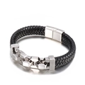 Men's braided black leather bracelet with polished silver stainless steel chain links - 19cm / Polished Steel Style (KB139637-KFC)