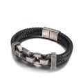 Men's vintage braided black leather bracelet with antique silver metal chain links - 19cm / Vintage Oxidized Style (KB139636-KFC)