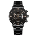 Classic British style black stainless steel men's business watch with calendar function - Black Case Black Dial Rose Gold Accents