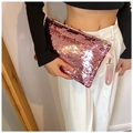 Pink sequin mini clutch bag with golden zipper and wristlet for women party fashion - Pink