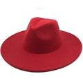 Gedetailleerd bovenaanzicht van een klassieke rode breedgerande wollen vilten fedora hoed - M (56-58cm) / Rood