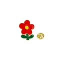 Lindo broche de esmalte de flor roja con hojas verdes y cierre de mariposa dorado - Flor Pequeña Roja