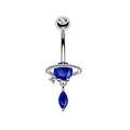 14G silver stainless steel belly ring with blue heart and saturn shaped zircon - Style 21 (Saturn Heart)
