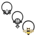 Detailed close-up of a 3-piece set featuring black butterfly, star, and bee nose ring jewelry - 1.2x8mm / Black Butterfly Planet Bee Style (套装十一)