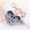 Detail of plush heart keychain in grey faux fur with gold I Love You charm and rhinestones - Keychain Pendant / Frost Gray (K3817)