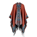 Wendbares Poncho-Sjal mit geometrischem Stammesmuster und Quasten in Orange und Petrol - Orangefarbene geometrische Quaste