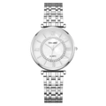 Elegant silver steel strap watch with white dial featuring sparkling crystal accents - Silver