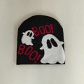 Detail of black knit beanie featuring white ghost patterns and red BOO text design - Black Double Ghost Boo