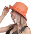 Stylish orange straw sun hat for women featuring a matching side bow detail - M / Orange