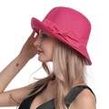 Summer rose pink straw bucket hat with a silk bow and fine woven texture - M / Rose Red