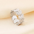 Silver stainless steel leaf-textured open ring featuring an intricate woven pattern - Silver Leaf Shape Style (KR107848-KFC)