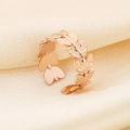 Adjustable rose gold olive leaf ring with textured weave design on silk background - Rose Gold Leaf Shape Style (KR107846-KFC)