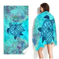 Rectangular microfiber beach towel featuring blue sea turtles and spiral wave patterns - Blue Green Gradient Turtle Wave (STJ-019-016)