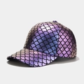 Detail showing laser iridescent fish scale texture on pink gradient baseball cap - Adjustable / Purple