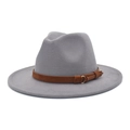Close-up of grey felt fedora hat featuring a brown suede band and golden buckle detail - M (56-58cm) / Light Gray