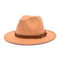 Classic camel wool fedora hat with dark brown decorative band and golden buckle detail - M (56-58cm) / Camel