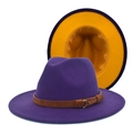 Bright purple fedora hat with brown suede belt and contrasting yellow lining detail - M (56-58cm) / Purple