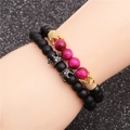 Perlenarmband-Set mit mattschwarzen Perlen, rosa Tigerauge und goldener Krone - Set 4 (Rosa Tigerauge/Mattschwarz/Gold Schwarz Krone)