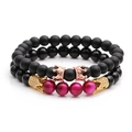 Mattschwarzes und Tigerauge-Perlenarmband-Set mit roségoldenen Strass-Kronenanhängern - Set 3 (Rosarotes Katzenauge/Mattschwarz/Roségold Krone)