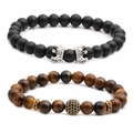 Set de pulseras de ojo de tigre y cuentas negras mate con coronas y bola dorada de cz - Piedra Mate Negra + Corona Plateada + Ojo de Tigre (Set 2)