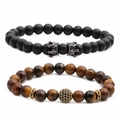 Set de pulseras de cuentas negras mate y ojo de tigre con corona y esfera de circonita - Piedra Mate Negra + Corona de Color Negro Pistola + Ojo de Tigre (Set 4)