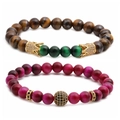 Tijgeroog kralen armband set met gouden kroon en kristallen bol bedeltjes voor dames - Set 2 (Bruin Tijgeroog/Groen/Gouden Kroon)