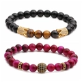 Tijgeroog en roze kralenarmbandset met gouden kroon en kristallen pavé balvormige bedels - Set 3 (Zwart/Bruin/Zwarte Pave Kraal)