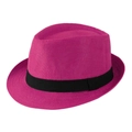 Detail of rose red straw fedora hat featuring a classic black decorative ribbon band - Adult Size (Approx 58cm) / Solid Linen-Rose Red