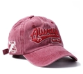 Macro detail of vintage washed burgundy cotton baseball cap with New York embroidery - M (56-58cm) / Burgundy