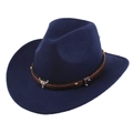 Classic navy wool fedora with brown leather band and silver steer skull pendant - Small Bull Head Style / Navy Blue