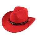 Close-up of bright red cowboy hat featuring decorative brown band with bull skull buckle - Small Bull Head Style / Red