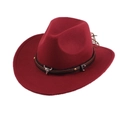 Close-up of a dark red wool felt cowboy hat with a brown leather band and metal ox head detail - Small Bull Head Style / Burgundy