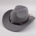 Close-up of grey felt cowboy hat with brown leather band and silver bull head detail - Small Bull Head Style / Gray