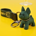 Dark green French Bulldog keychain with gold rivet collar and leather strap accessory - Gold Foil Stamping: Green