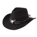 Zwarte wollen vilten cowboyhoed met etnische geweven band en zilveren stierenschedel gesp - Eén maat 57-58cm / Tibetaanse Stof Koeienschedel Decoratie / Zwart