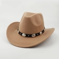 Camel western cowboy hat with black faux leather band and silver metal studs on white background - Metal Buckle Style / Camel