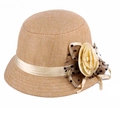 Elegant khaki linen sun hat for women with beige ribbon and floral mesh bow decoration - 58cm / Beige