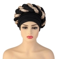 Fashionable black turban hat for women featuring a gold sequin braided top design - Black