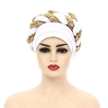 Detail of white turban hat featuring gold sequins and a stylish braided design for women - White