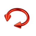 Macro view of red stainless steel C-shaped nose ring with sharp cone spikes on both ends - Red