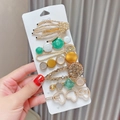 Detail view of 8-piece pearl hair clip set with gold plating and colorful rhinestones - 7pcs Set-Rhinestone Skeleton Hand Style