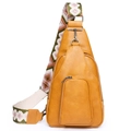 Vintage mustard yellow PU leather crossbody bag with bohemian patterned wide strap - Yellow