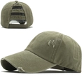 Olive green washed cotton ponytail baseball hat with vintage distressed hole details - Adjustable / Army Green