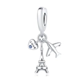 Detailed silver heart charm with airplane and Eiffel Tower engraving and 'love' text - Heart Plane Tower
